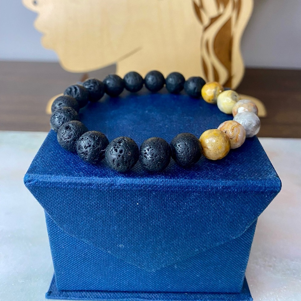 Handmade Unisex Crazy Lace Agate Lava Bead Bracelet 10mm - Picture 6 of 8